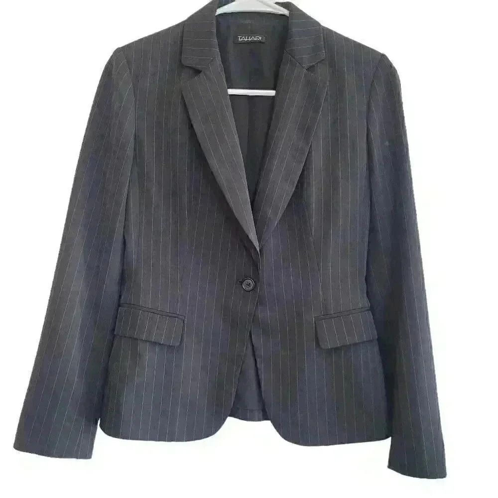 Tahari Women's Black/Blue Poly/Spandex Pinstriped Single Breasted Blazer Jacket
